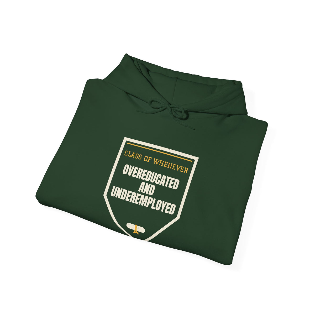 Forest green hoodie with square chest graphic and front hood drawstrings.