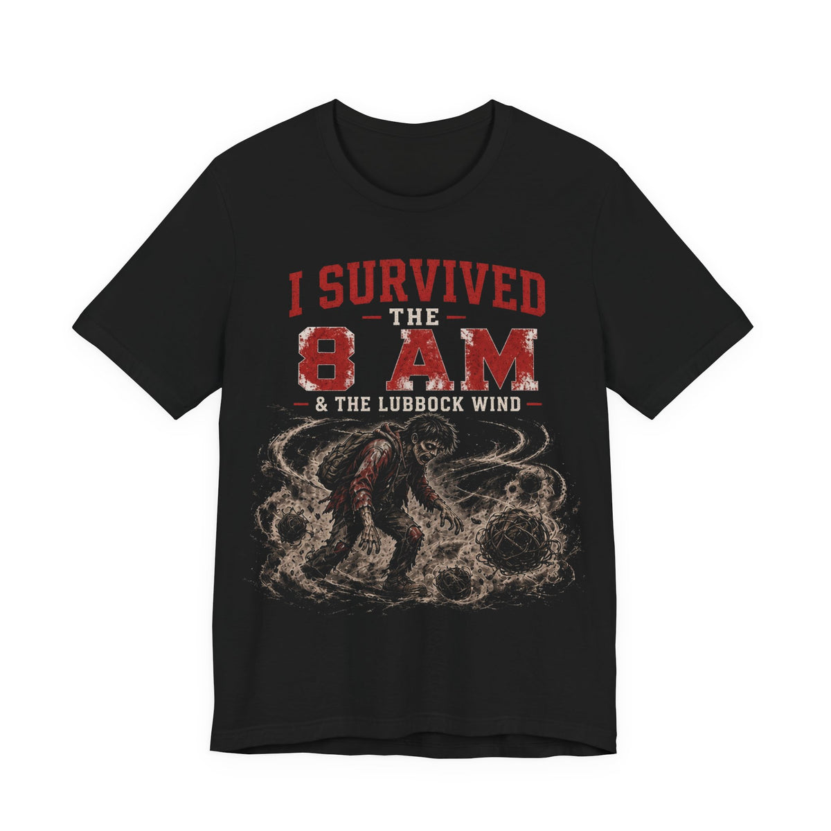 Black graphic wind tee with distressed red text and wildlife illustration on front