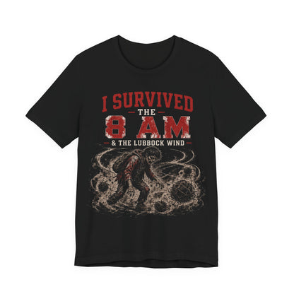 Black graphic wind tee with distressed red text and wildlife illustration on front