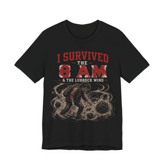 Black graphic wind tee with distressed red text and wildlife illustration on front