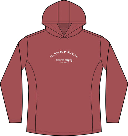 Women's deep red heather hoodie with front pocket and chest graphic text
