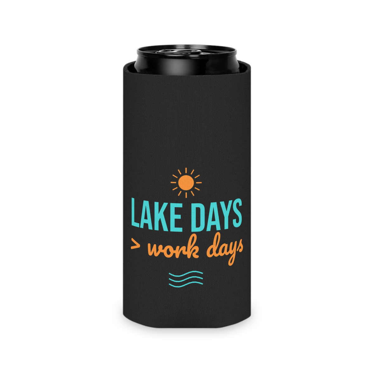 Black can koozie with open top and Lake Days > work days graphic on front