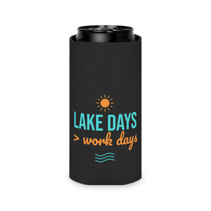 Black can koozie with open top and Lake Days > work days graphic on front