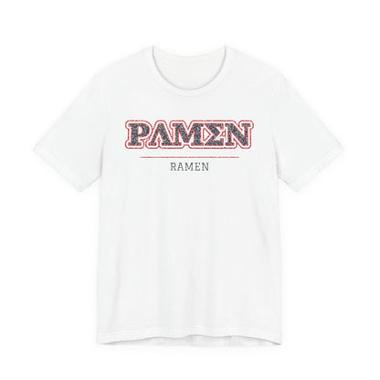 White crew-neck T-shirt with PAMEN ramen graphic on chest