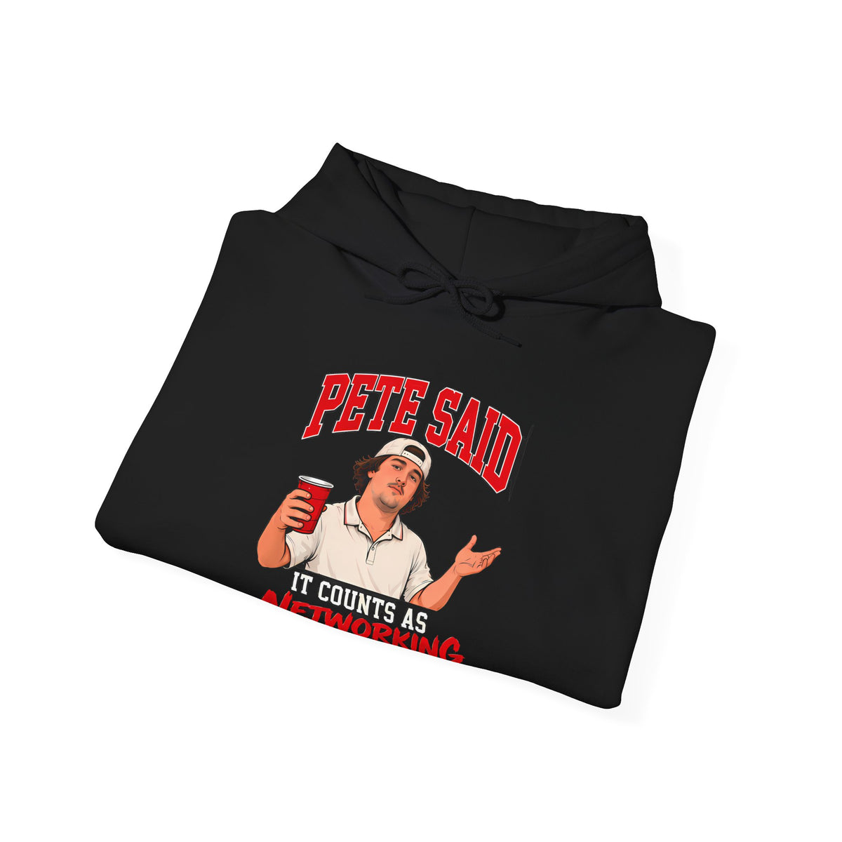 Black folded pullover hoodie with front 'Pete Said' graphic, hood and drawstring.