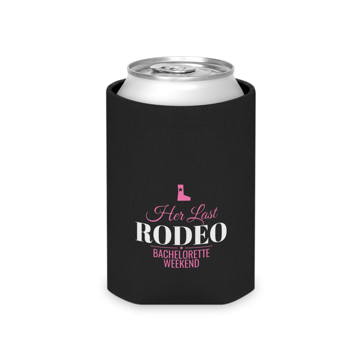 Black can cooler with can top visible; 'Her Last RODEO' bachelorette weekend design