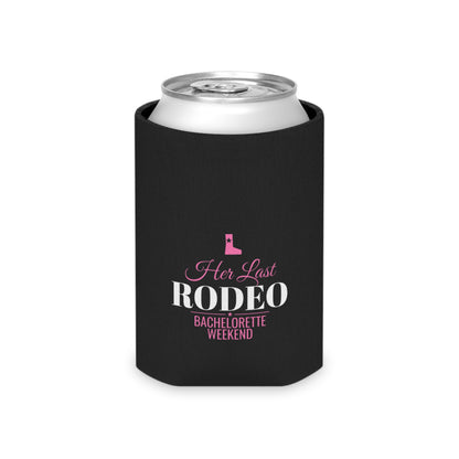 Black can cooler with can top visible; 'Her Last RODEO' bachelorette weekend design