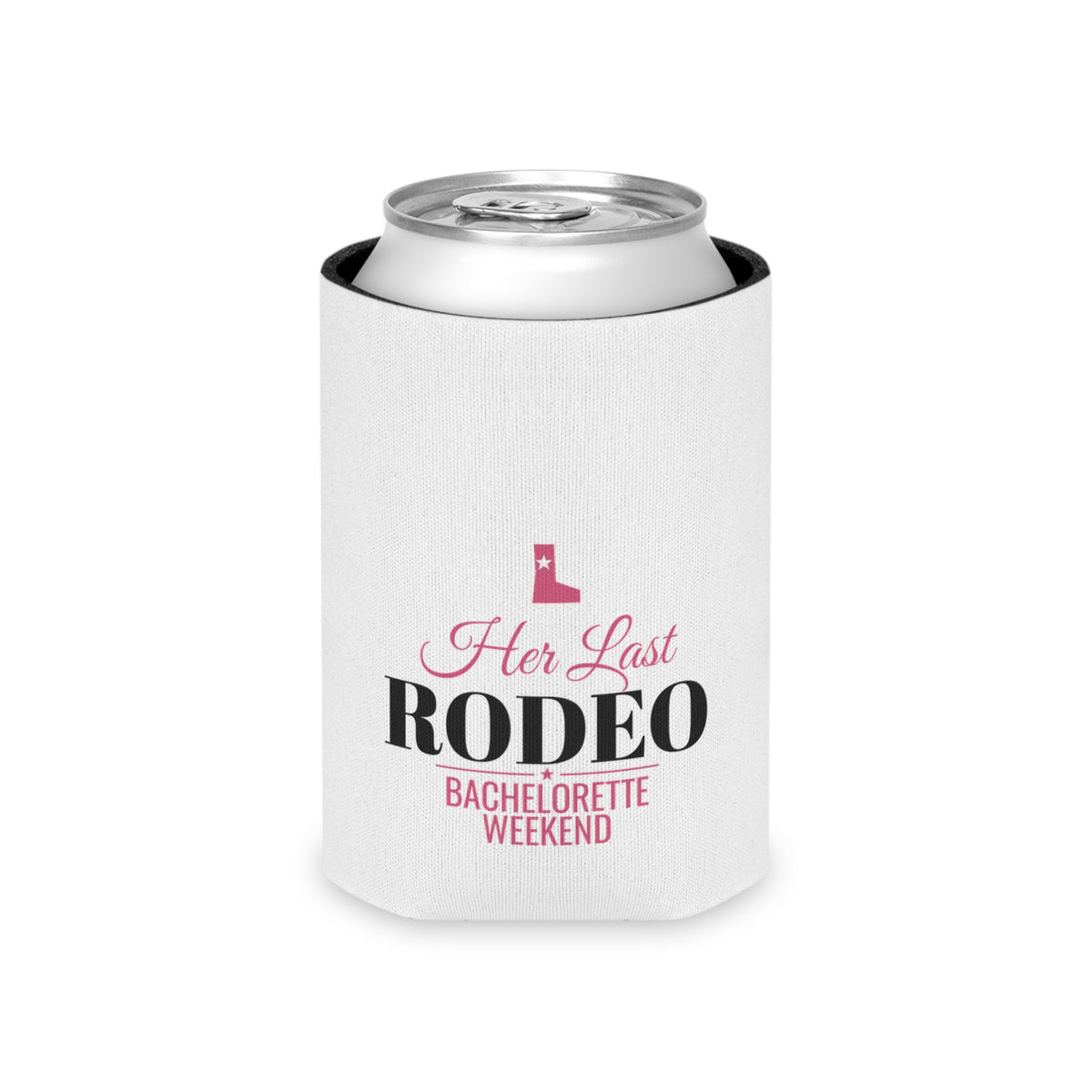 White fabric can koozie holding a can top; 'Her Last RODEO' bachelorette weekend
