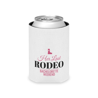 White fabric can koozie holding a can top; 'Her Last RODEO' bachelorette weekend