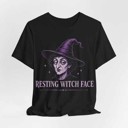 Black crewneck T-shirt with centered purple witch face wearing wide-brim hat
