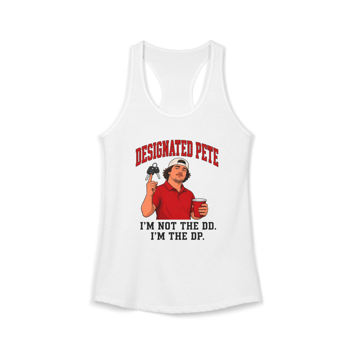 White racerback tank top with red graphic and slogan on front