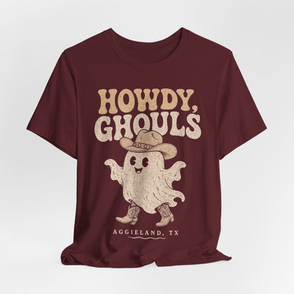Maroon t-shirt with Howdy Ghouls ghost graphic and Aggieland TX print