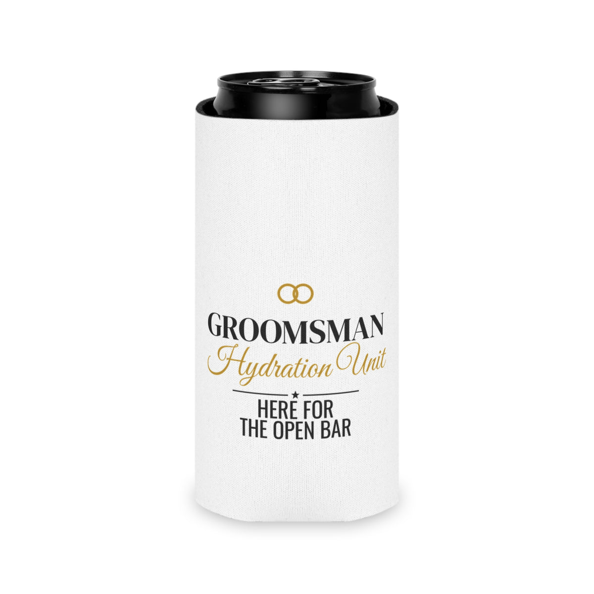White koozie with black top opening, gold emblem, and “Here for the Open Bar”