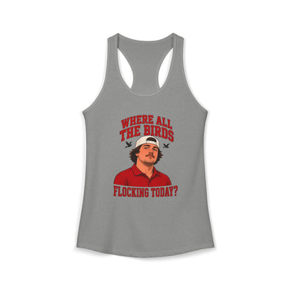 Heather grey racerback tank top with bird-themed front graphic