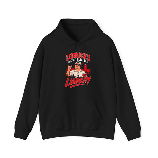 Black pullover hoodie with red front “Liability” graphic