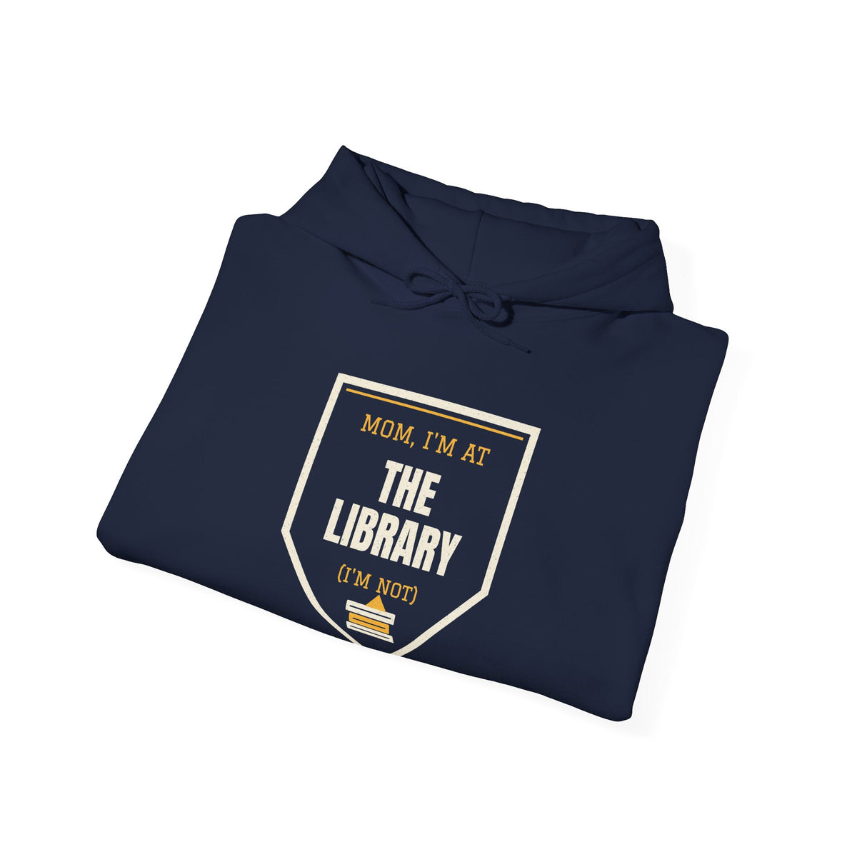 Navy hoodie with 'The Library' front graphic and drawstring hood