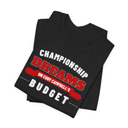 Black graphic T-shirt stacked pair with football-helmet 'Championship Dreams' logo