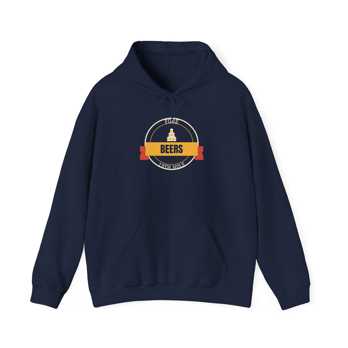Navy college hoodie with front beer graphic and kangaroo pocket