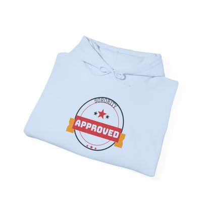 Light blue pullover hoodie with “Sorority Approved” logo on chest