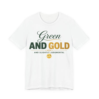 White crew-neck graphic T-shirt with Green and Gold print and judgmental emoji