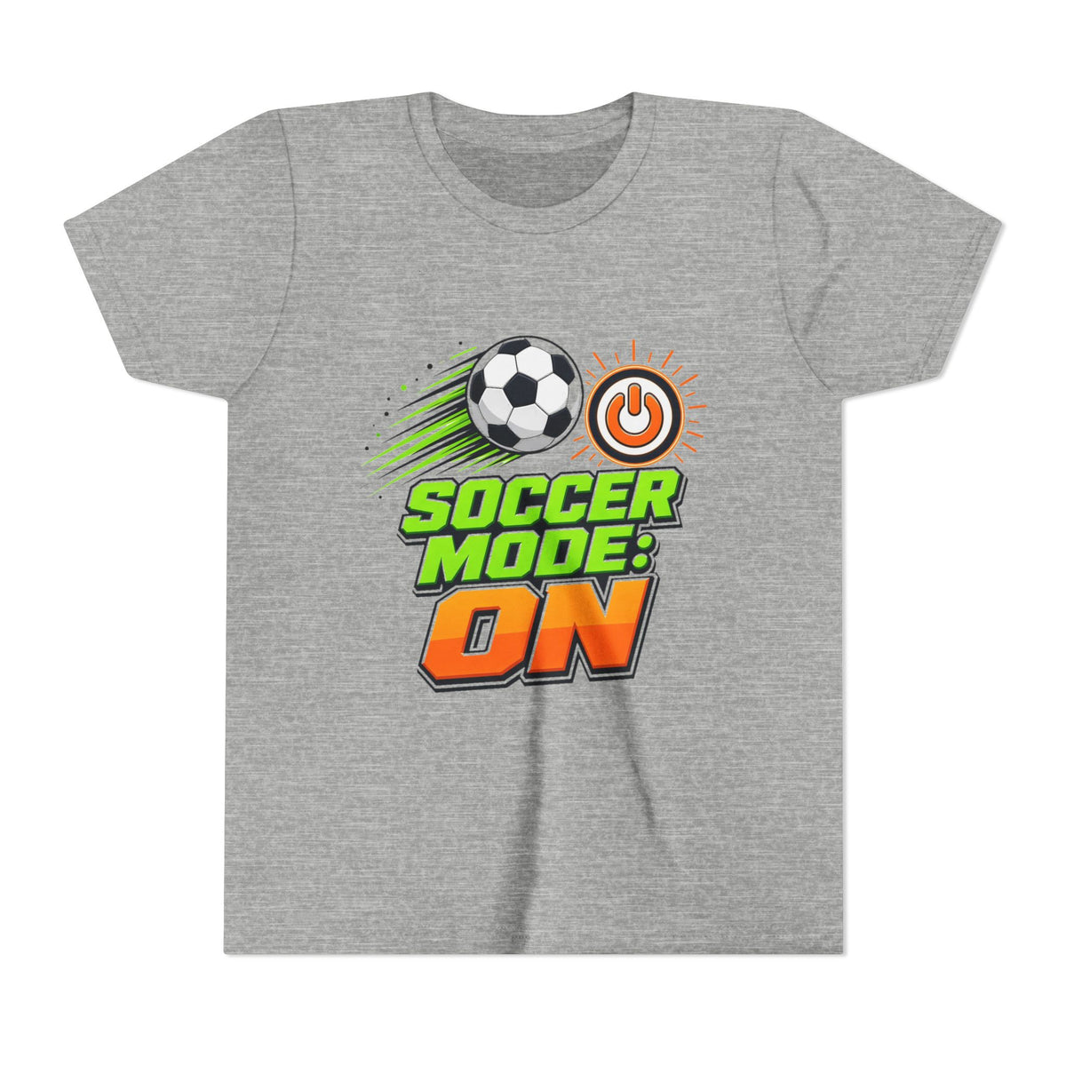 Heather gray kids T-shirt with "Soccer Mode: On" soccer ball graphic on front