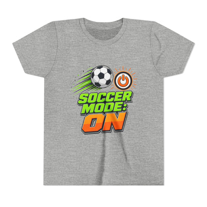 Heather gray kids T-shirt with "Soccer Mode: On" soccer ball graphic on front