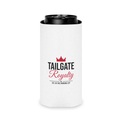 White drink koozie around a can with red crown logo and 'Tailgate Royalty' text