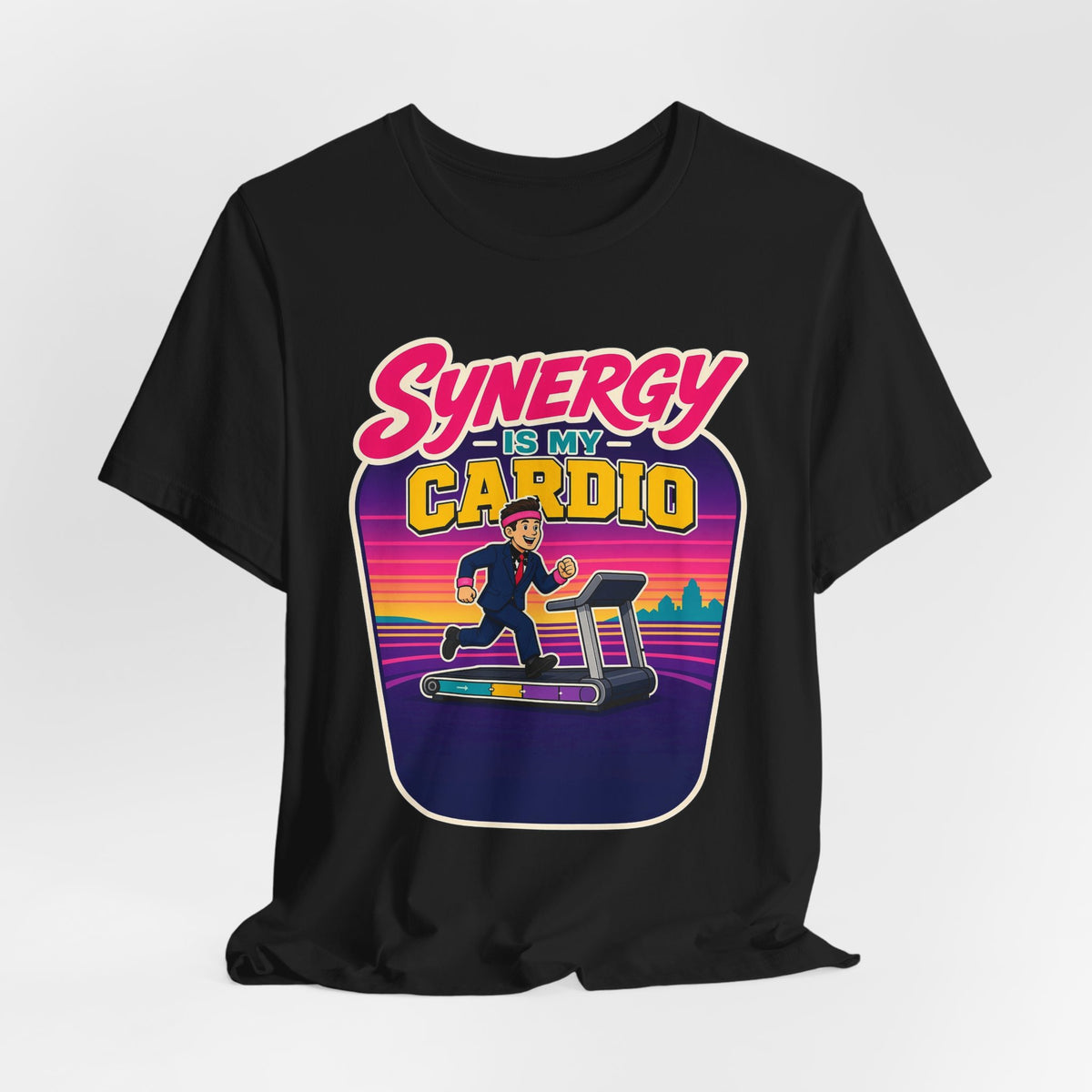 Black crewneck T-shirt with colorful “cardio” treadmill workout graphic on chest