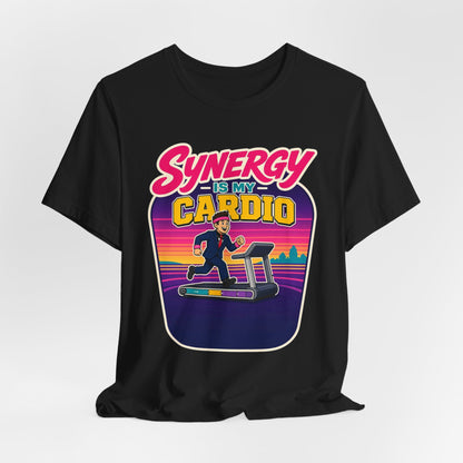 Black crewneck T-shirt with colorful “cardio” treadmill workout graphic on chest