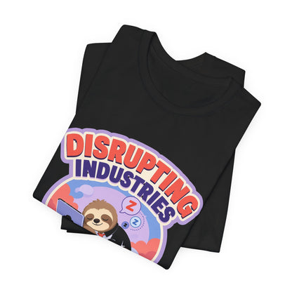 Black T-shirt set with partial “DISRUPTING INDUSTRIES” bear-in-clouds graphic