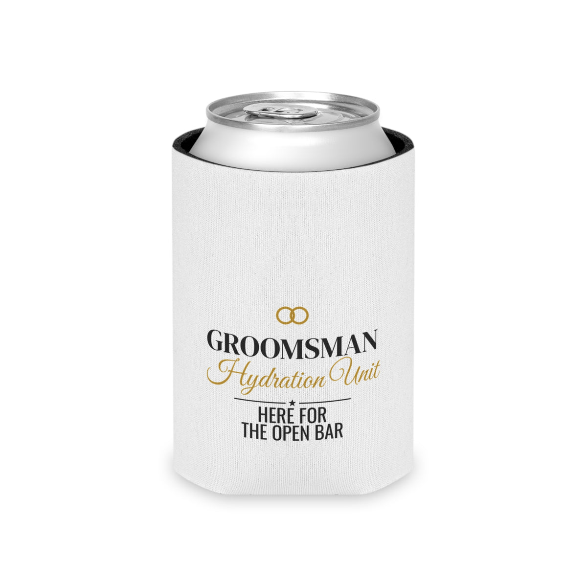 White can koozie with black top opening and gold “Groomsman Hydration Unit” logo