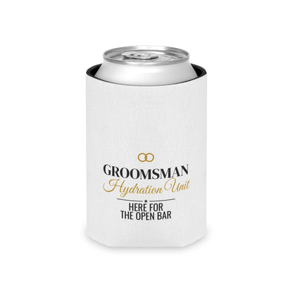 White can koozie with black top opening and gold “Groomsman Hydration Unit” logo