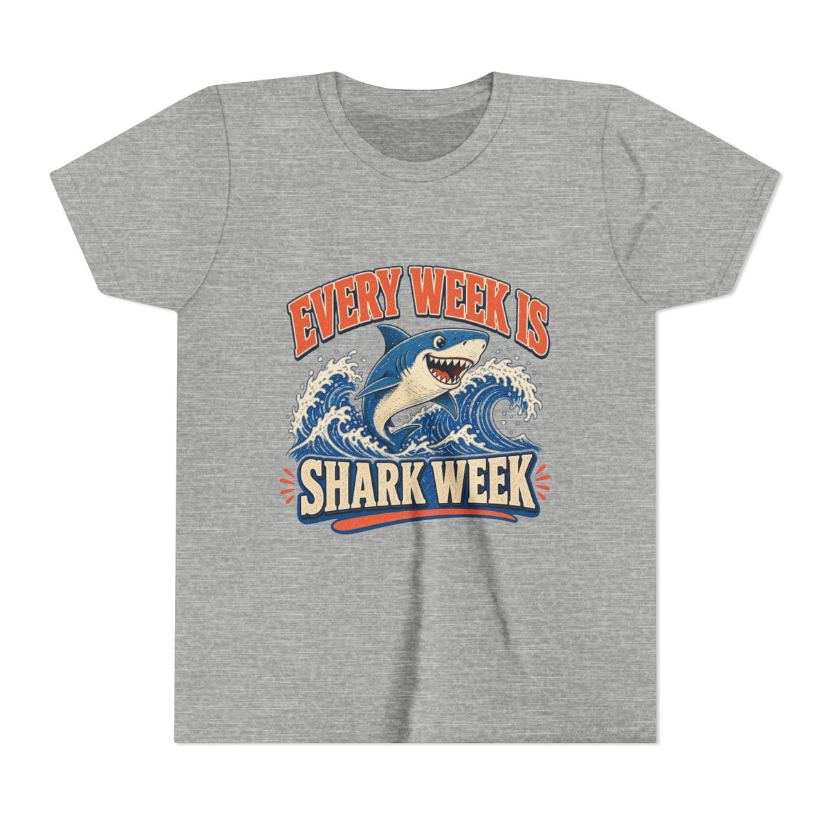 Kids graphic T-shirt, gray, front with blue shark and “Shark Week” design
