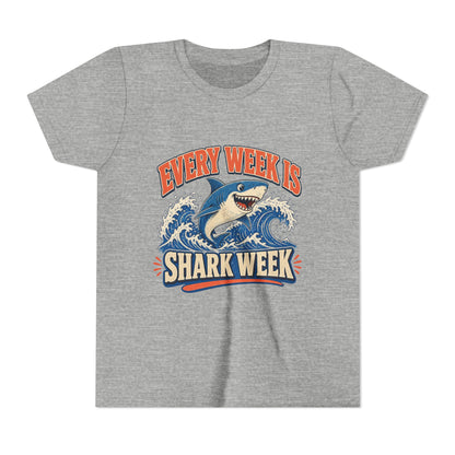 Kids graphic T-shirt, gray, front with blue shark and “Shark Week” design