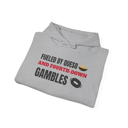 Folded sport grey pullover hoodie with drawstring and football-themed chest print.