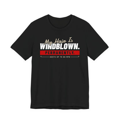 Black crew-neck T-shirt with white and red front graphic slogan