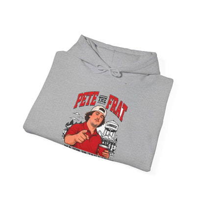 Light gray hoodie folded with front logo graphic and adjustable drawstring hood