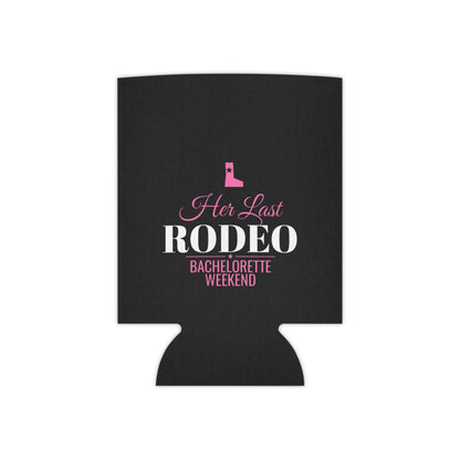 Black can cooler with 'Her Last RODEO' bachelorette weekend text and pink boot graphic