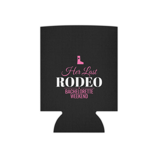 Black can cooler with 'Her Last RODEO' bachelorette weekend text and pink boot graphic