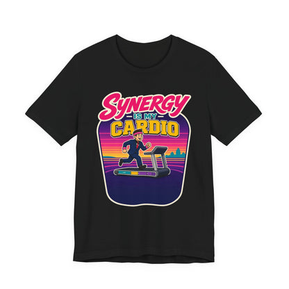 Black crewneck T-shirt with colorful “cardio” treadmill workout graphic on chest
