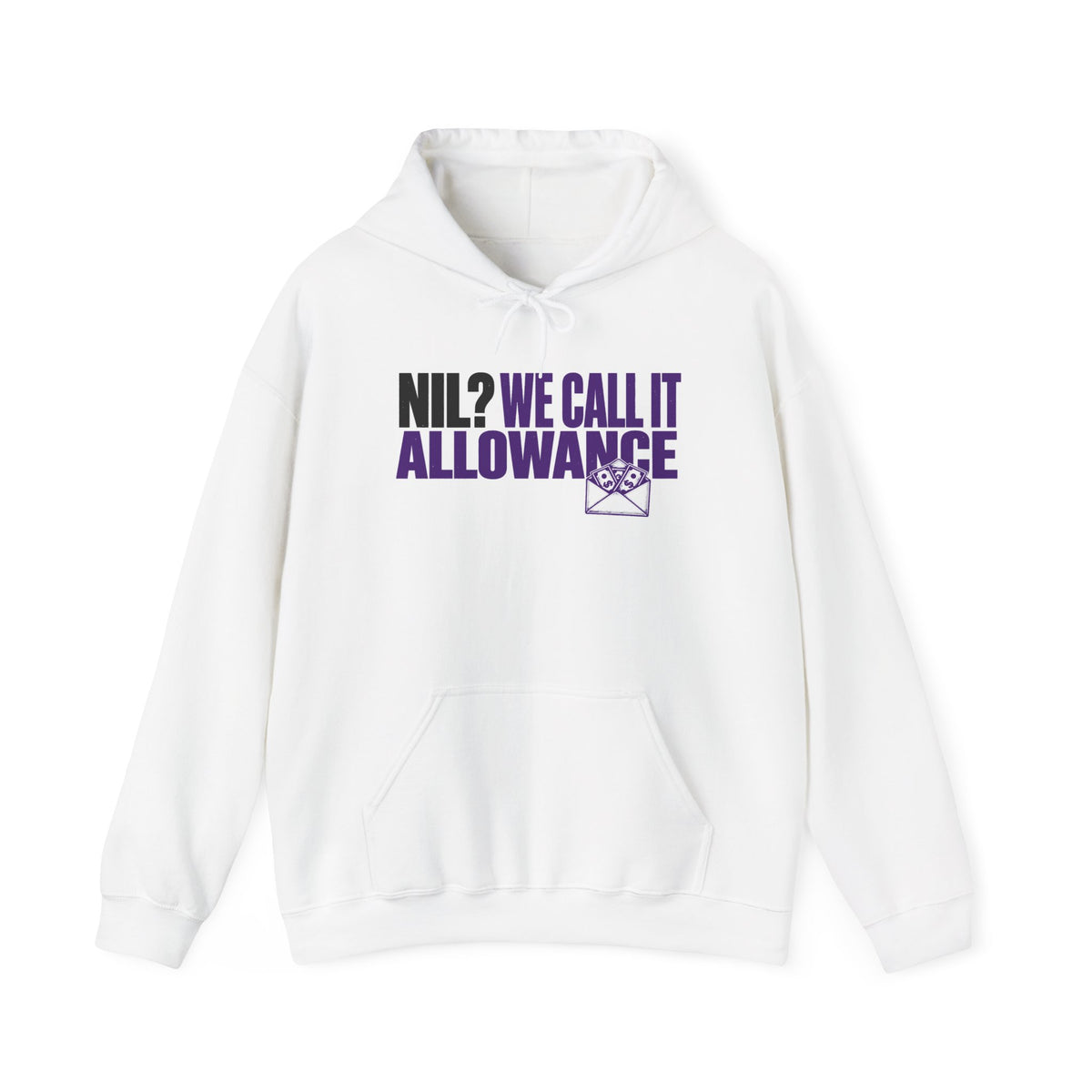 White pullover hoodie with drawstring hood, kangaroo pocket, and purple logo graphic