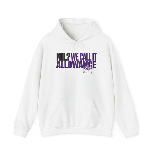 White pullover hoodie with drawstring hood, kangaroo pocket, and purple logo graphic