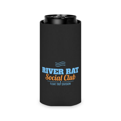 Black koozie on dark can with River Rat Social Club multicolor logo, top open.