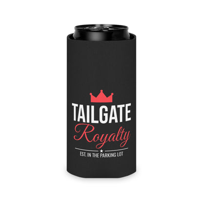 Black insulated can koozie with Tailgate Royalty logo, red crown and script