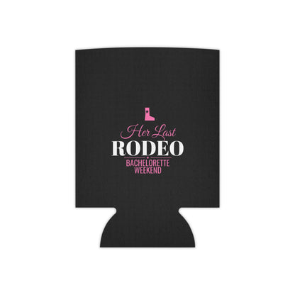 Black can cooler with 'Her Last RODEO' bachelorette weekend lettering and pink boot