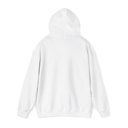 White pullover hoodie back view with hood and ribbed cuffs.