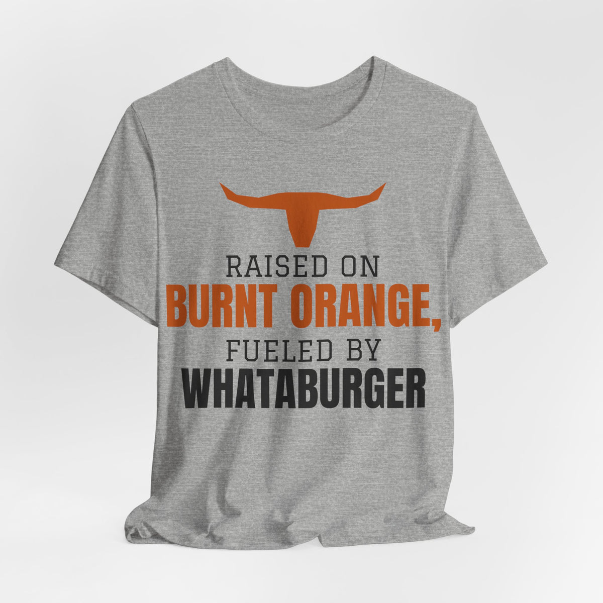 Heather gray crewneck T-shirt with orange longhorn and stacked front slogan graphic
