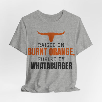Heather gray crewneck T-shirt with orange longhorn and stacked front slogan graphic