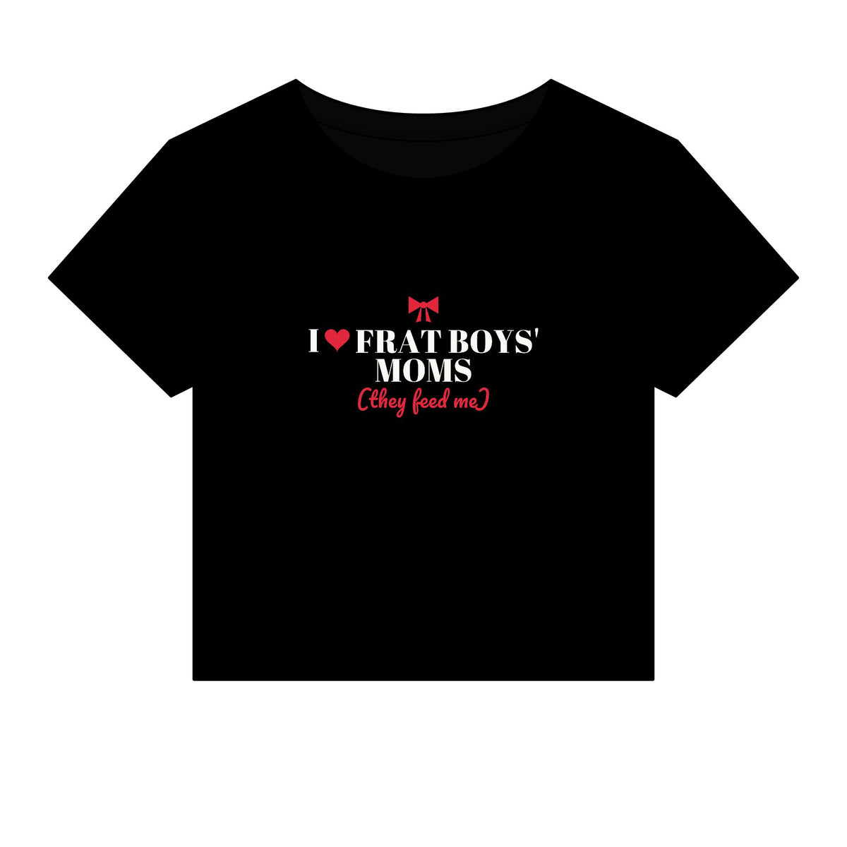 Black crop top T-shirt with heart-and-text graphic print on front