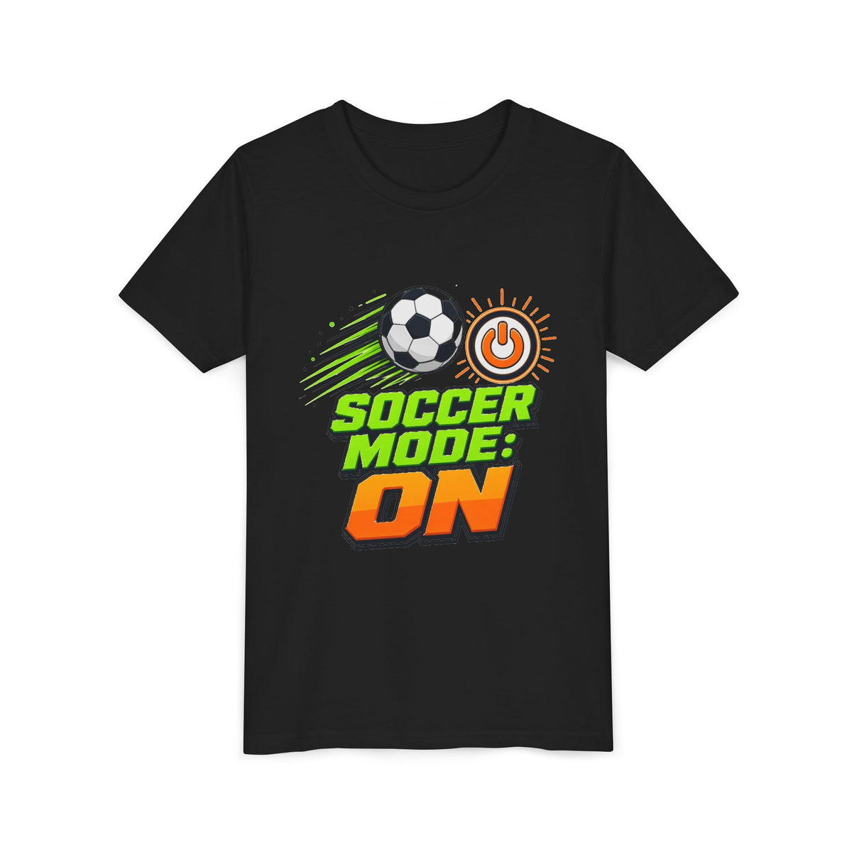 Black kids T-shirt with front "Soccer Mode: On" soccer ball and power icon design